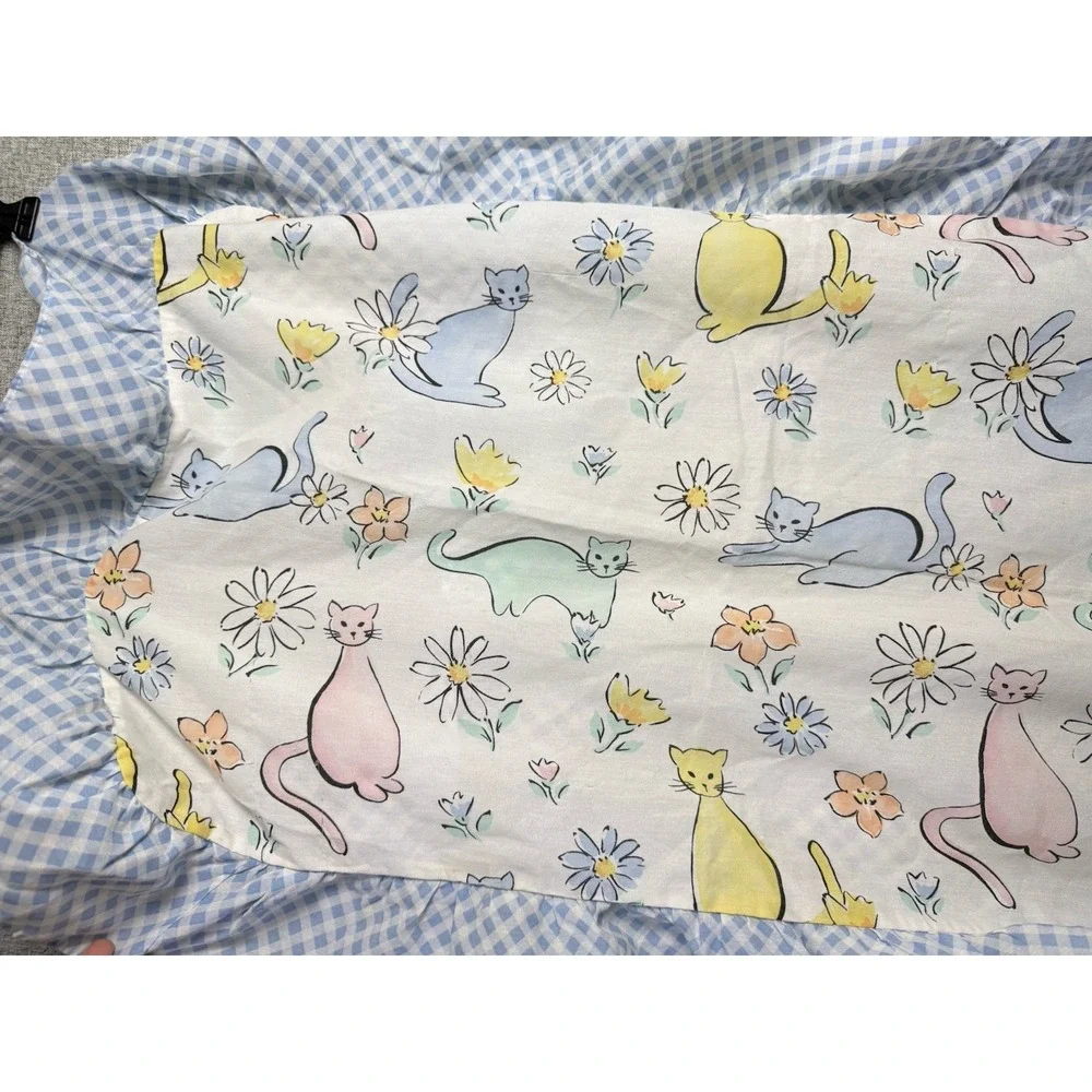 Vintage 80s/90 Baby Bedding Crib Mattress Cover Sheet Blue Gingham Floral‎ Cats